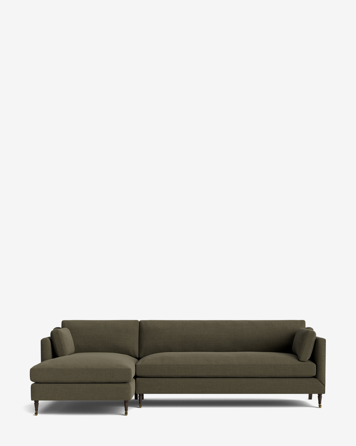 The Haverford Upholstered Left Chaise Sectional by Rowe Fine Furniture features olive green upholstery, slim seat cushions, two armrests, two bolster pillows, and slender dark legs—a customizable modern sofa for any living space. McGee & Co.