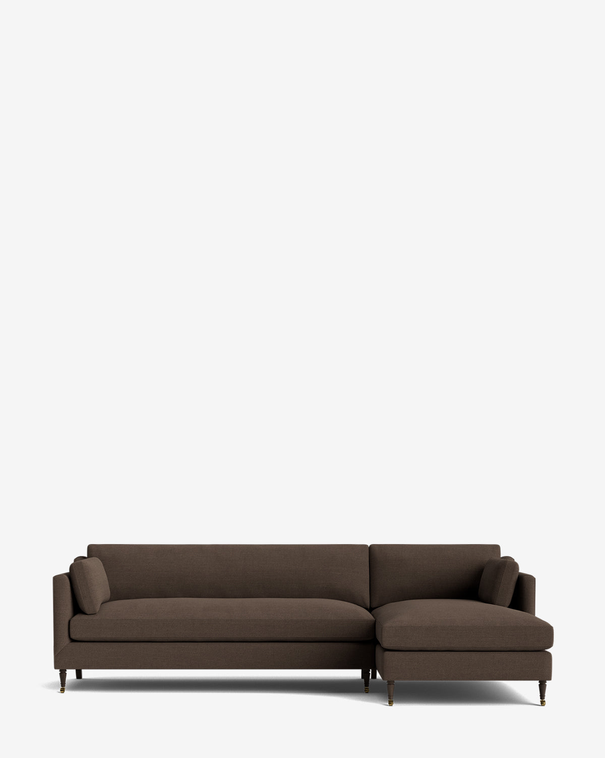The Haverford Upholstered Right Chaise Sectional by Rowe Fine Furniture is a modern dark brown L-shaped sofa with slim legs and two matching cushions, shown against a plain white background. McGee & Co.