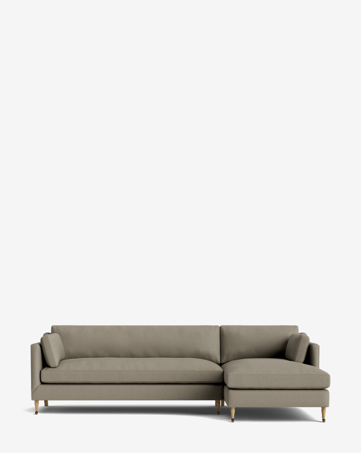 The Haverford Upholstered Right Chaise Sectional in light gray features wooden legs and two matching cushions, shown on a plain white background by McGee & Co.
