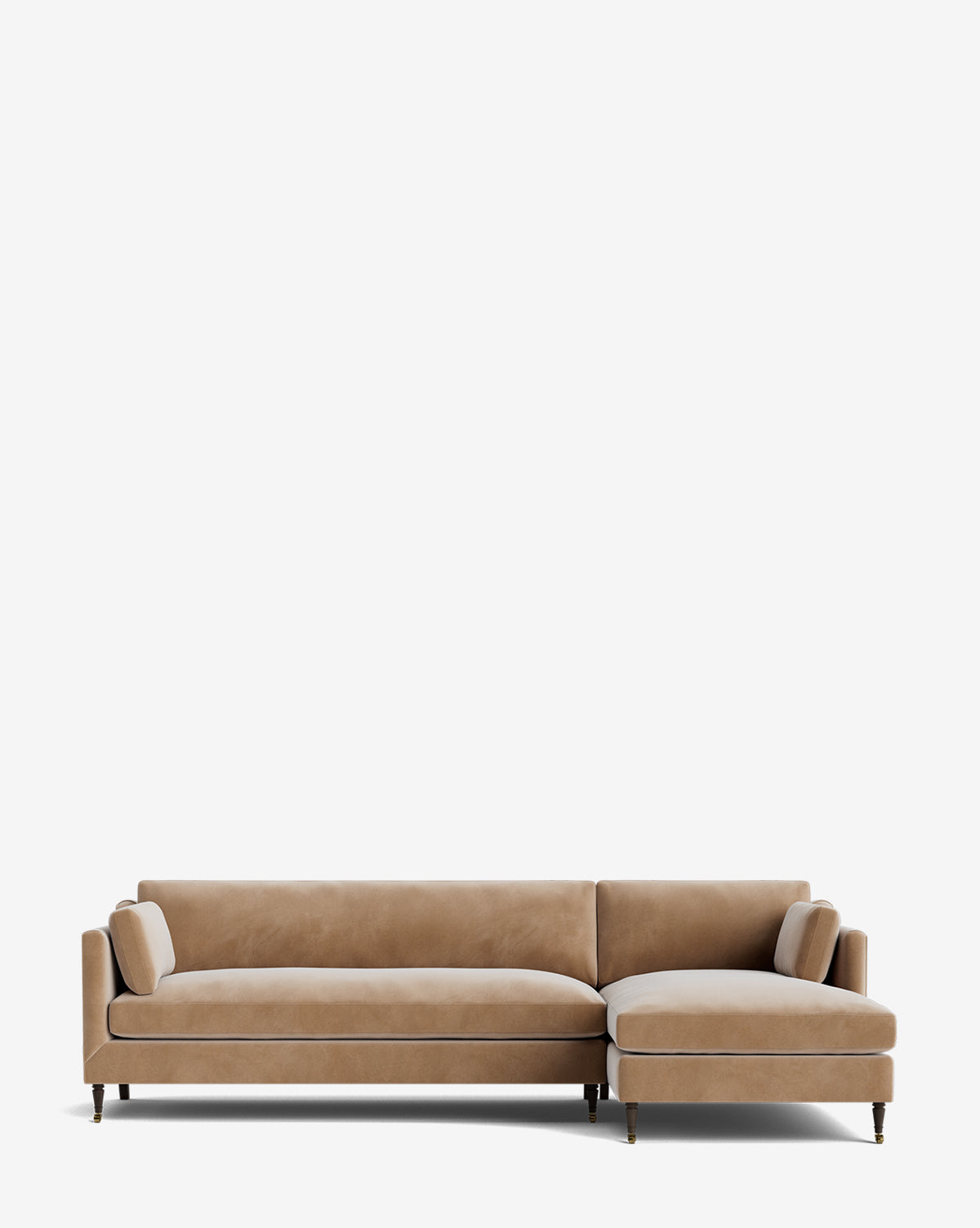 The Rowe Fine Furniture Haverford Upholstered Right Chaise Sectional features plush tan cushions, angled armrests, and wooden legs, shown against a plain white background. McGee & Co.