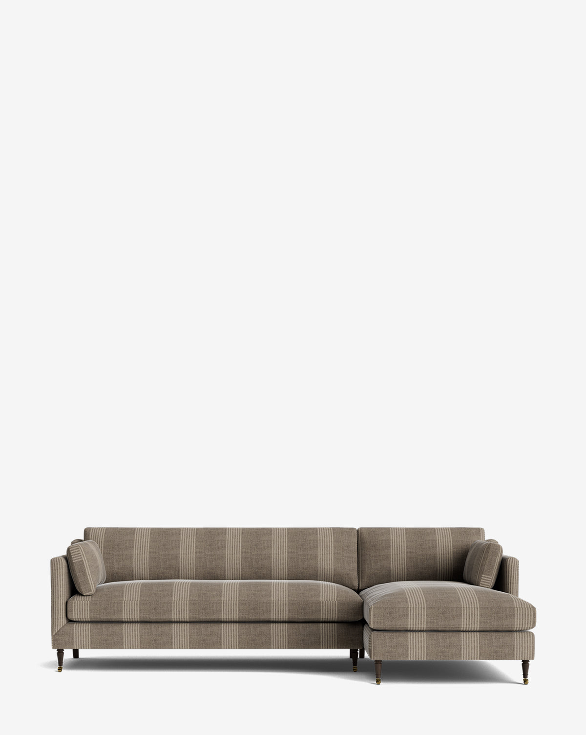 The Haverford Upholstered Right Chaise Sectional by Rowe Fine Furniture features a brown fabric with light vertical stripes, right chaise, low backrest, two matching round cushions, and dark tapered legs with brass tips against a white background. McGee & Co.