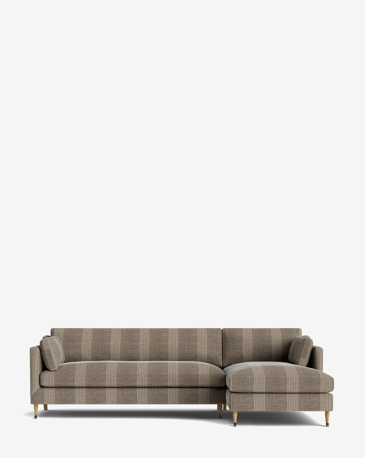 The Haverford Upholstered Right Chaise Sectional features brown and beige striped fabric, slim arms, two seat cushions, and brass-tipped legs. This customizable sofa stands out on a white background, by McGee & Co.