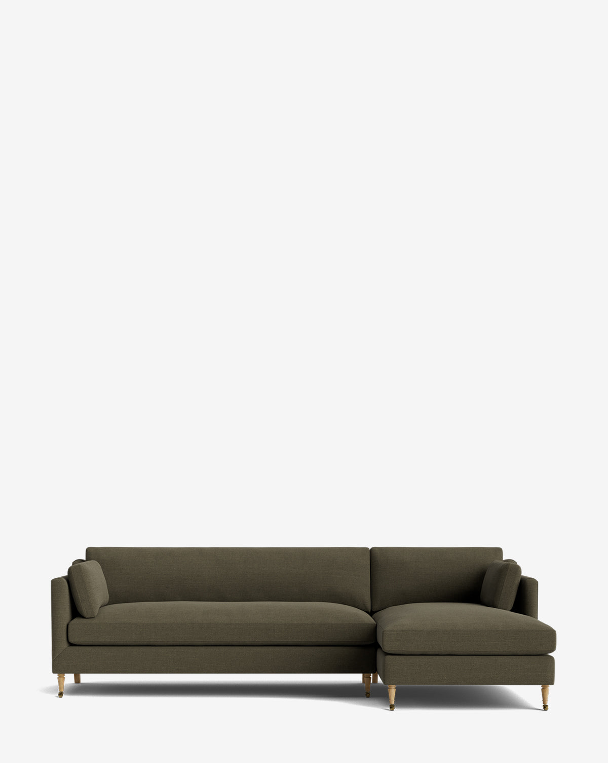 A dark olive green Haverford Upholstered Right Chaise Sectional by Rowe Fine Furniture features slim cushions, low armrests, and short wooden legs, set against a plain white background. McGee & Co.