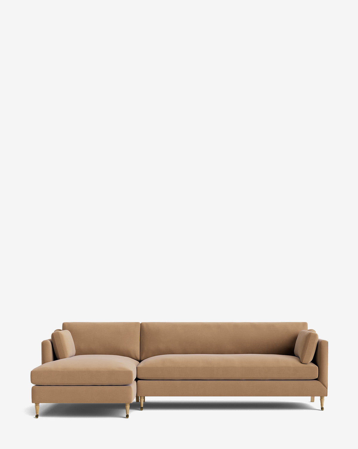 The Haverford Upholstered Left Chaise Sectional features a modern design with clean lines, gold-tipped legs, and customizable options, shown here against a plain white background by McGee & Co.