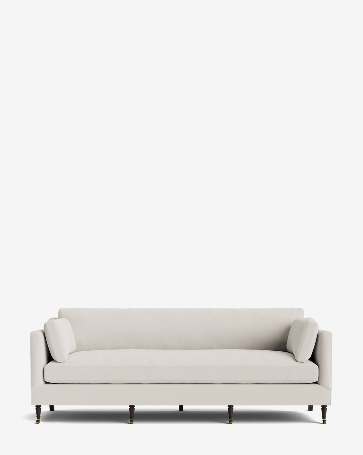 The Haverford Upholstered Sofa 90 is modern and light beige, featuring straight arms, two matching cylindrical cushions, and dark wooden legs, shown against a plain white background, by McGee & Co.