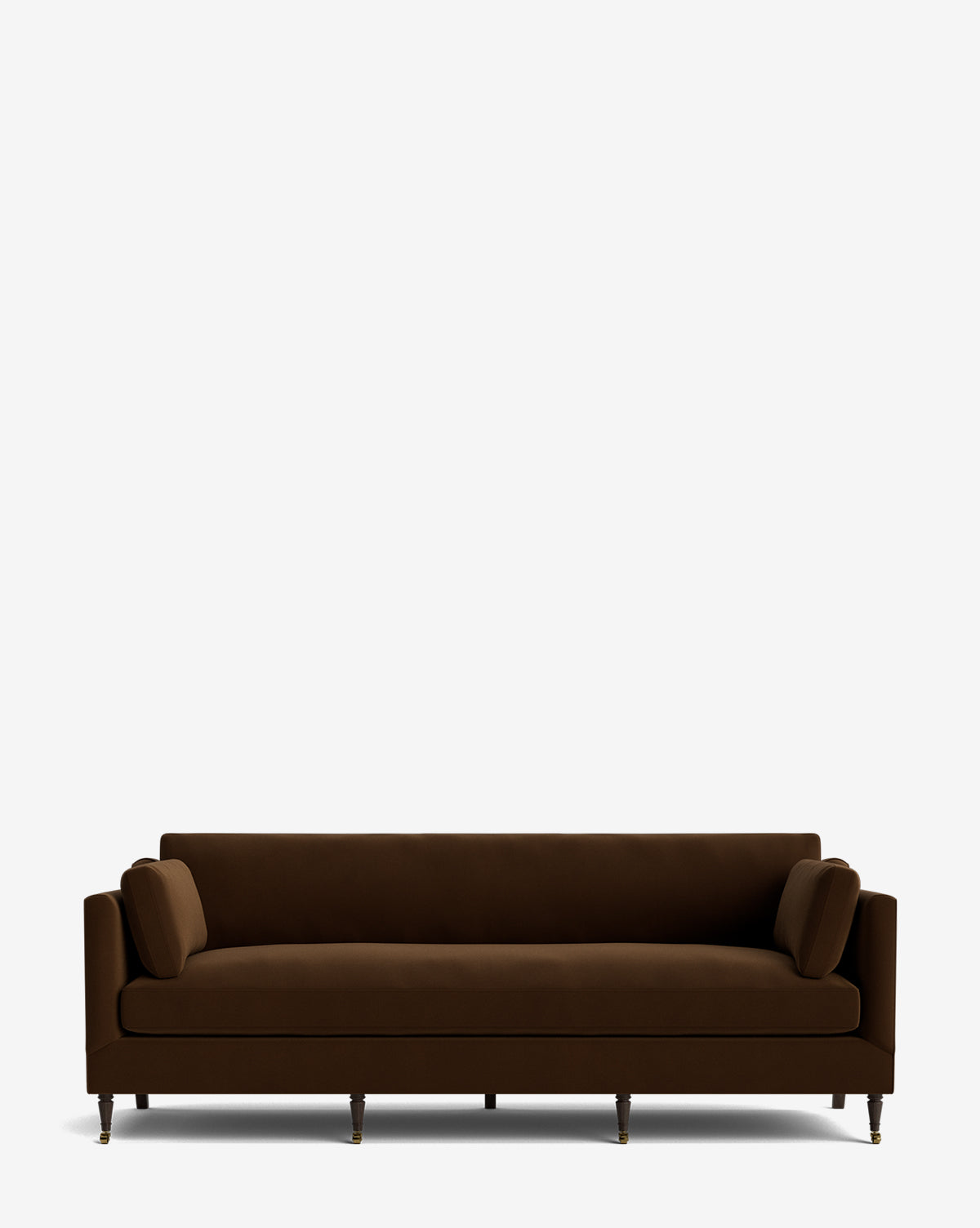 A modern, dark brown velvet Haverford Upholstered Sofa 90 with clean lines, thin armrests, two cylindrical cushions, and slender wooden legs is displayed against a plain white background, by McGee & Co.