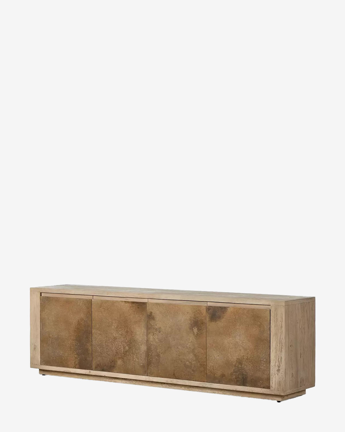The Hayden Console features four doors with a textured mottled brown finish, a maple veneer frame, and a minimalist rectangular design resting on a flat base for a sleek, contemporary look, by McGee & Co.