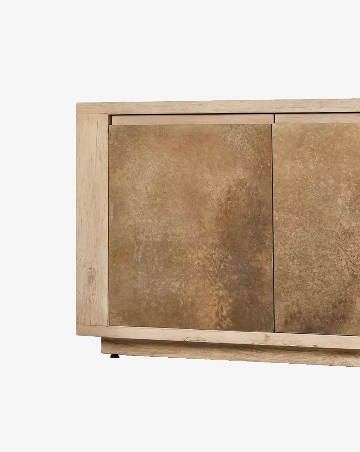 Partial view of the Hayden Console, a modern piece with a light maple veneer frame and textured brown doors, by McGee & Co.