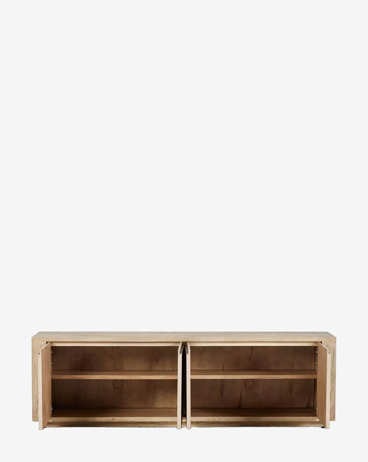 The Hayden Console is a modern, low rectangular console in maple veneer with two open doors revealing spacious shelves in each compartment, shown on a plain white background by McGee & Co.
