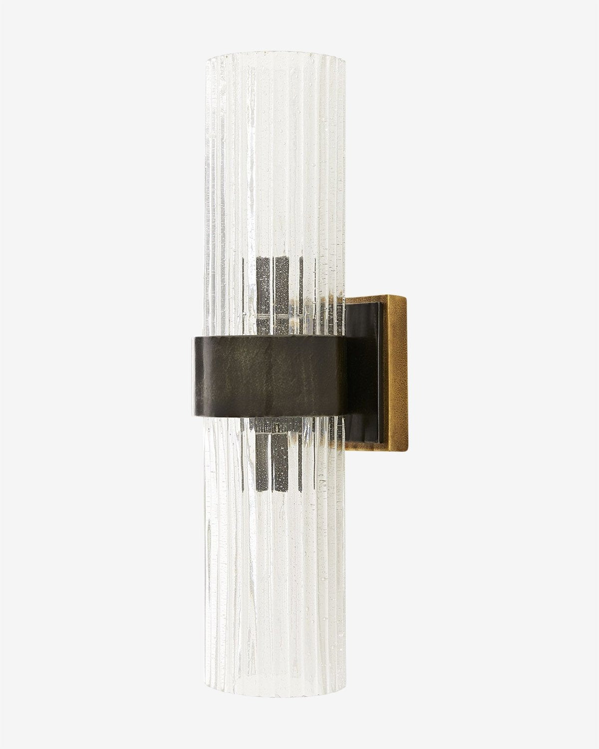 The Arteriors Hazel Sconce pairs a fluted glass shade with a sleek rectangular brass backplate in dark bronze and brass finishes, set against a white background. McGee & Co.