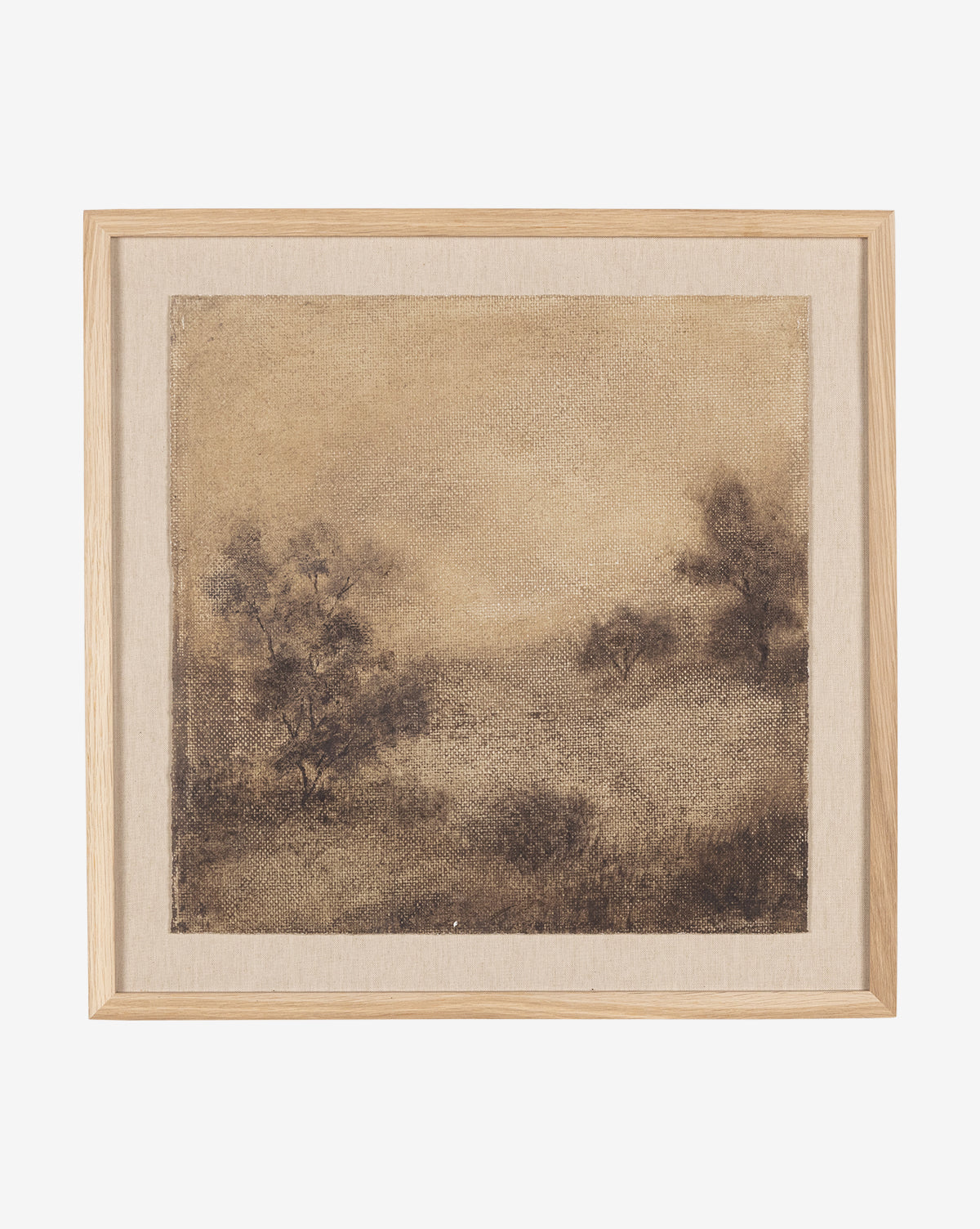 Viewpoint I by Aileen Fitzgerald is a framed museum-quality sepia-toned artwork featuring a misty vintage landscape with trees and grassy fields, complemented by a light tan mat and a simple wooden frame.
