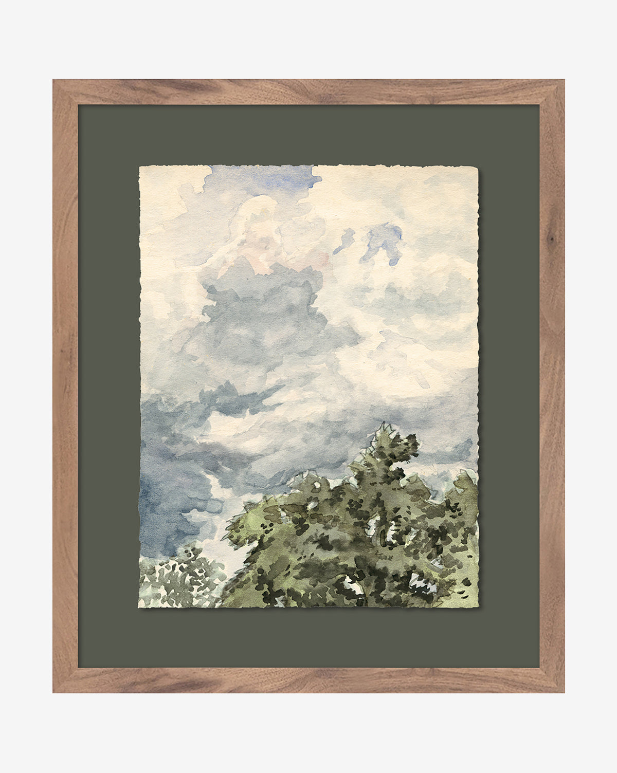 Head in the Clouds is a framed watercolor painting of a cloudy sky above green treetops, set in a walnut frame with dark green matting—an elegant piece of cloudy day art.