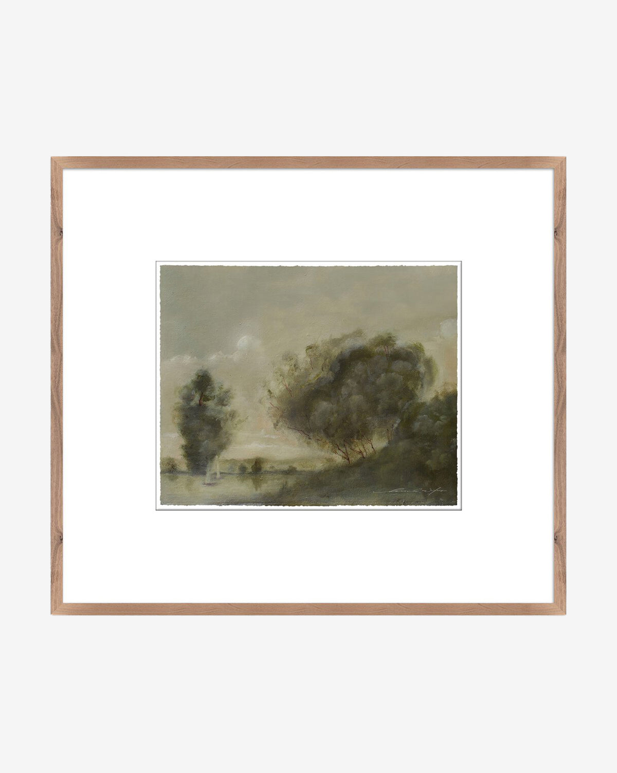 Heart Of Heaven No.1 by Hannah Winters is a framed painting featuring a calming lakeside scene with trees and soft clouds in muted tones, set on fine art paper with a white mat and light wood frame, by McGee & Co.