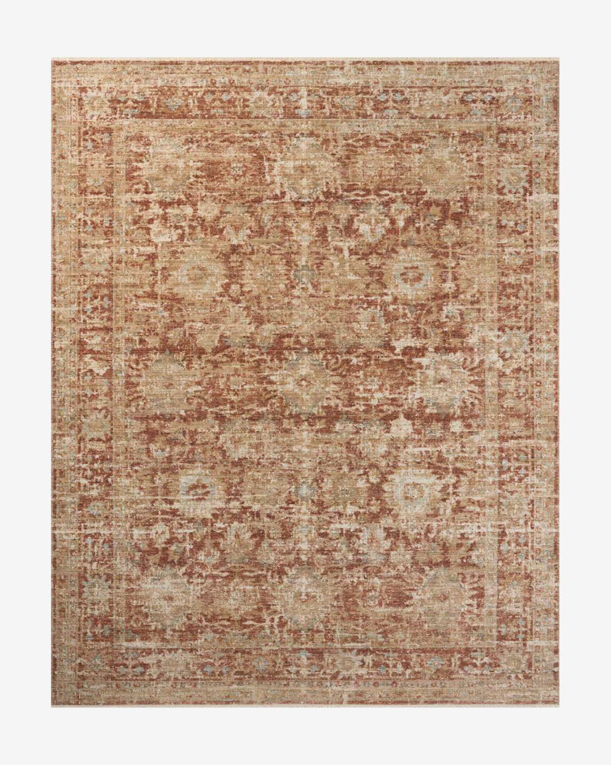 The Heatherington Brick Rug showcases a central medallion and ornate border with an intricate, vintage-inspired motif in earthy rust, beige, and tan tones, by McGee & Co.