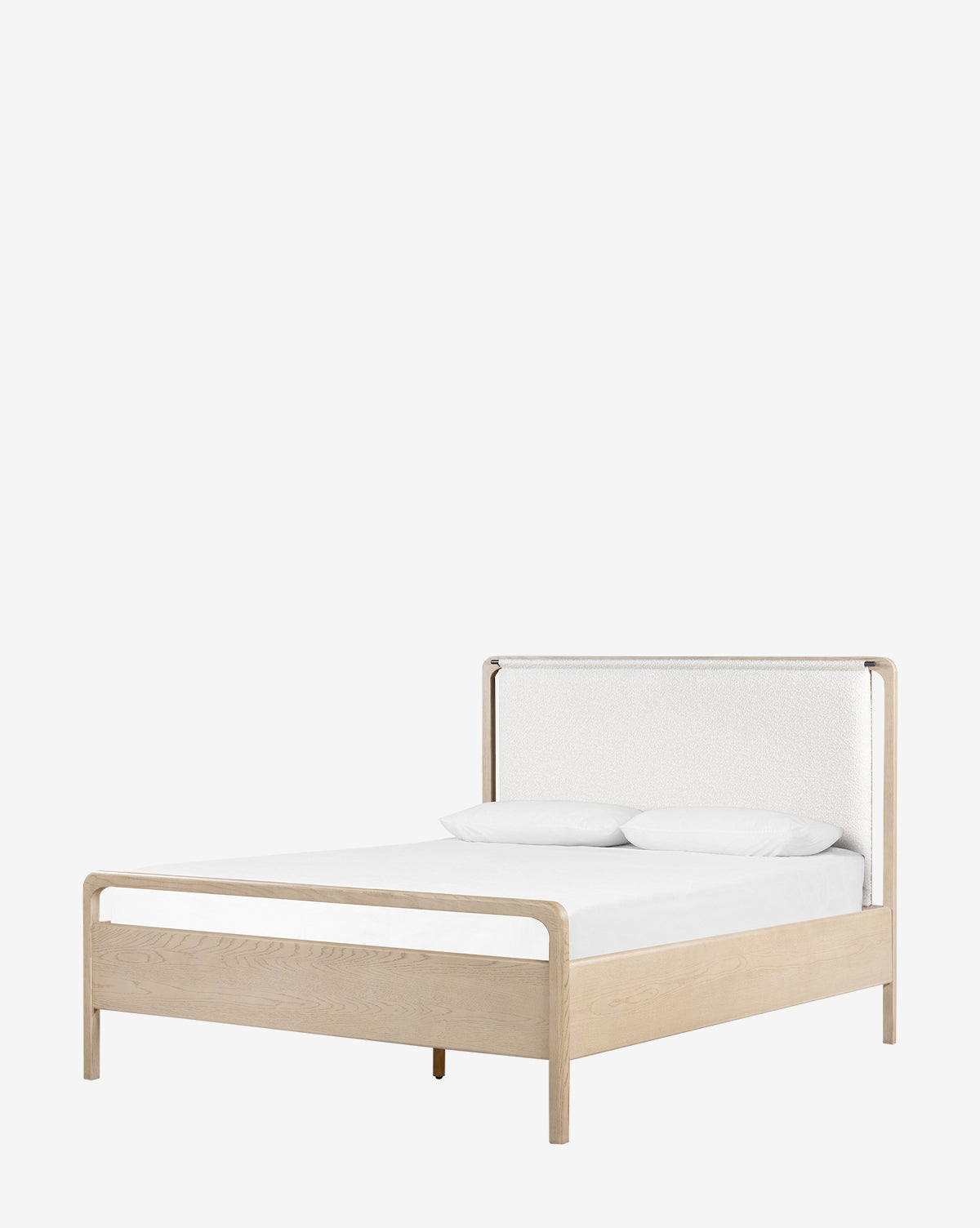 The Hensley Bed features a minimalist modern design with a light wood frame, rectangular white upholstered headboard, white bedding, and two white pillows—shown against a plain white background.