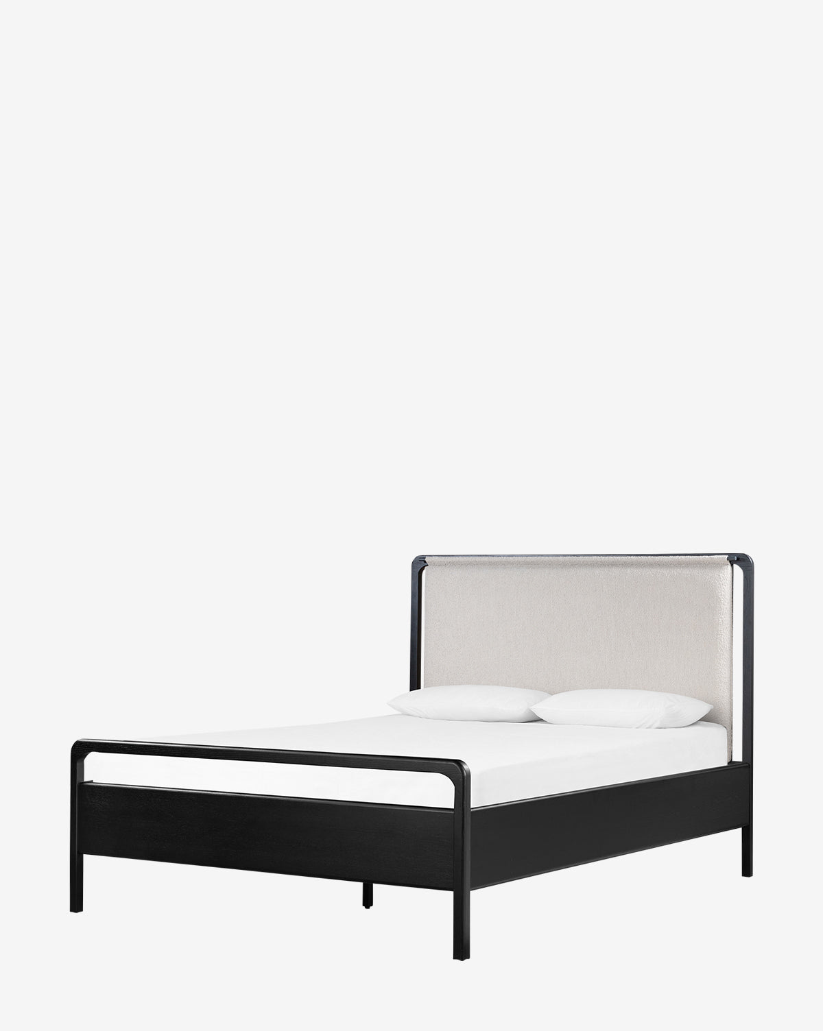 The Hensley Bed features a black metal frame, white upholstered headboard, white mattress, and two white pillows, all set against a plain white background.
