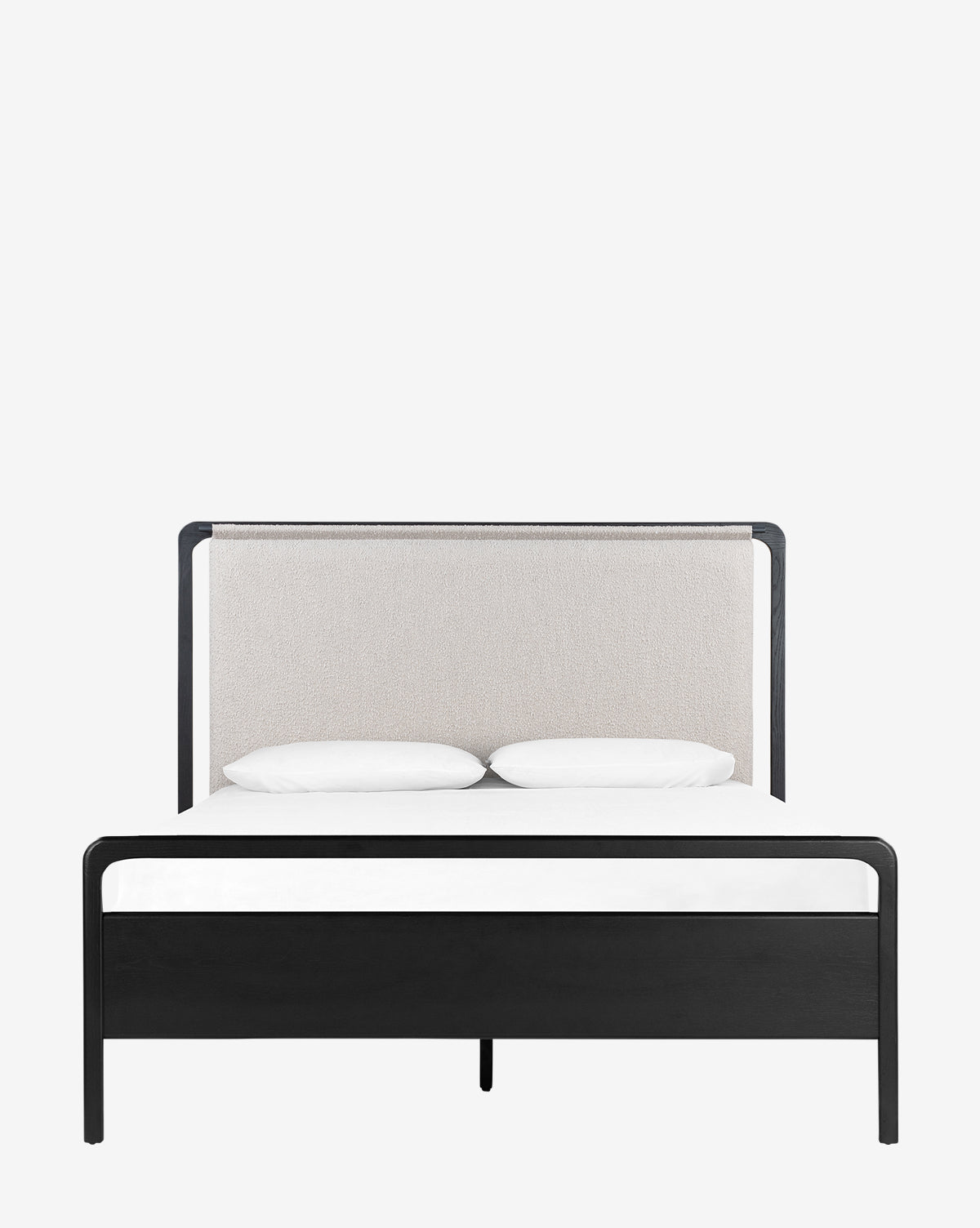 The Hensley Bed showcases a modern black frame, beige leather headboard, white mattress, and two white pillows, set on a plain white background.