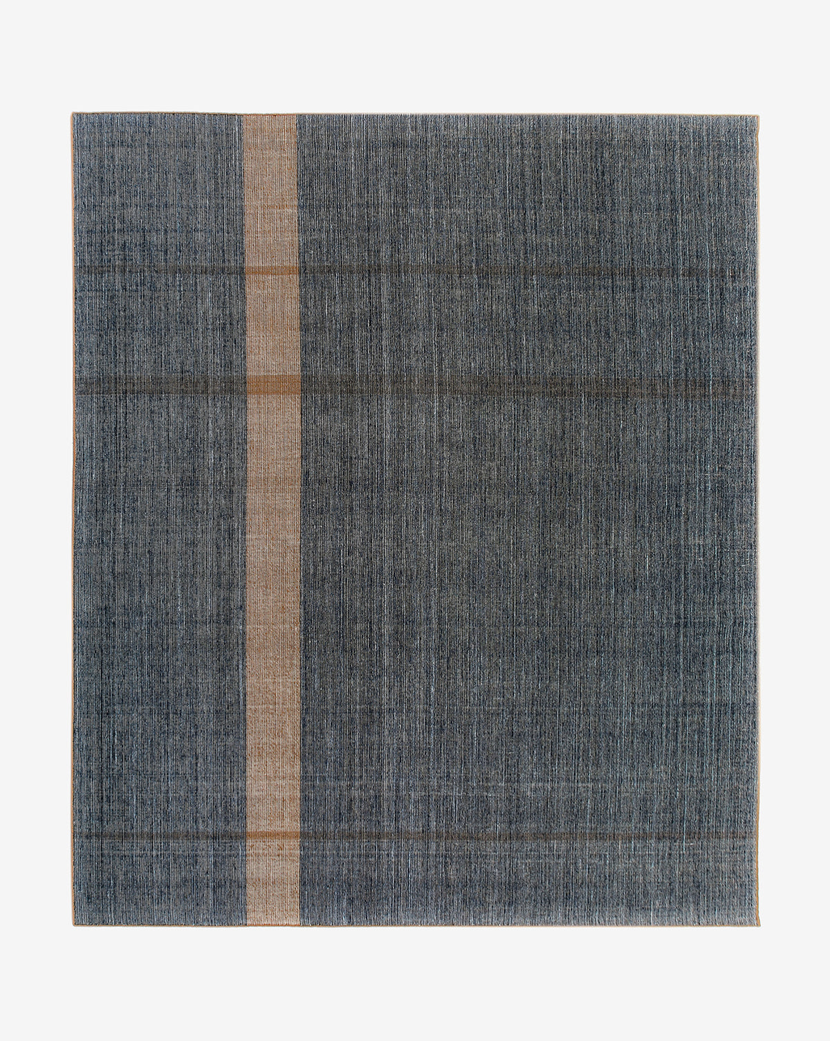 The Heriot Handwoven Indoor/Outdoor Rug features a rectangular, textured blue surface with a vertical beige stripe near the left edge and subtle woven lines. Its versatile design makes it ideal for both indoor and outdoor spaces, by McGee & Co. Background is plain white.