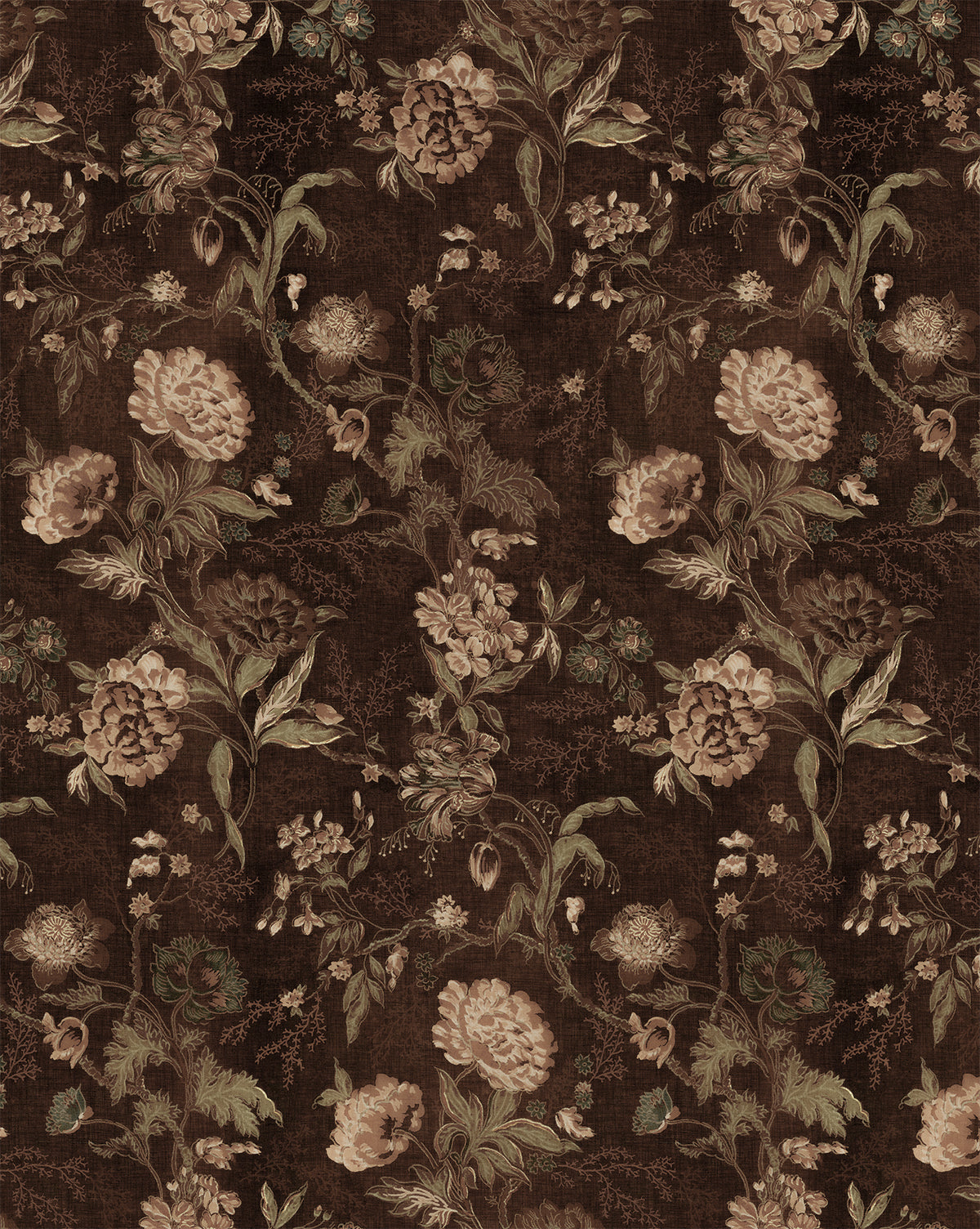 The Hestercombe Floral Wallpaper by Makerspalm features large vintage-style flowers and leafy stems in muted browns, greens, and creams on a dark brown textured background, evoking classic antique fabrics or vintage-inspired wallpaper—McGee & Co.