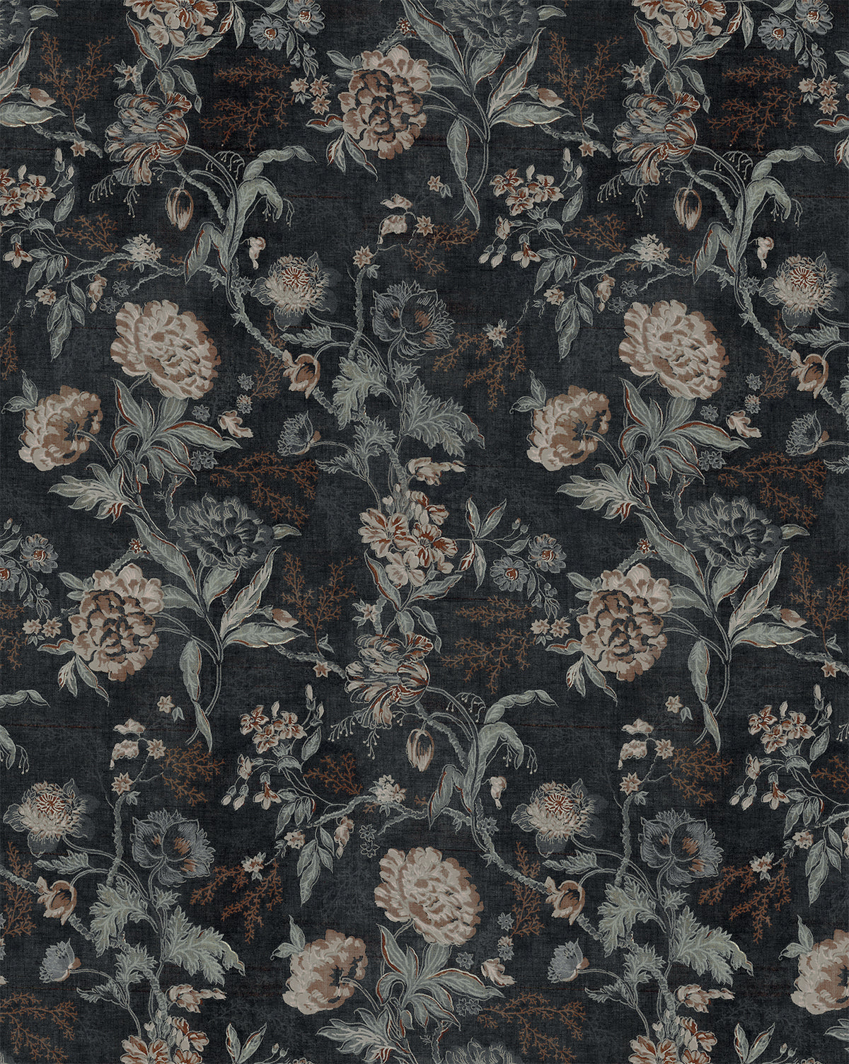 The Makerspalm Hestercombe Floral Wallpaper features a painterly floral design with muted beige, brown, and green flowers and leaves on a textured black background. Seamless repeats create an elegant vintage-inspired look by McGee & Co.