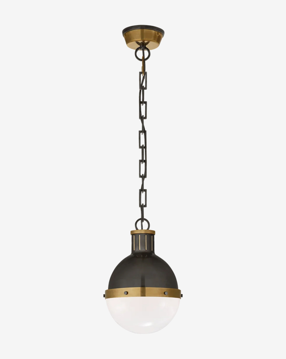The Hicks Pendant is a modern lighting fixture with a round black and brass design, a frosted white glass globe shade, and a metal chain hanging from a circular ceiling mount by McGee & Co.