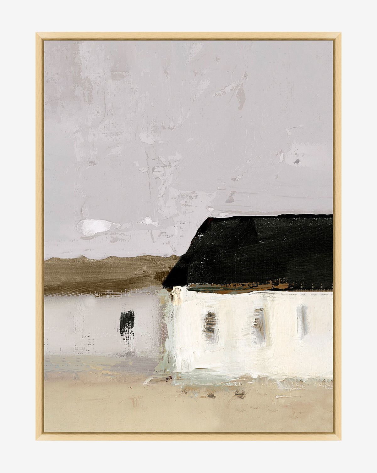 Hidden Barn by Donna Thomas is a minimalist rural wall art featuring a white house with dark roof, abstract textures, and muted earthy tones. Perfect for gallery walls, it comes framed in a slim, light wooden frame.