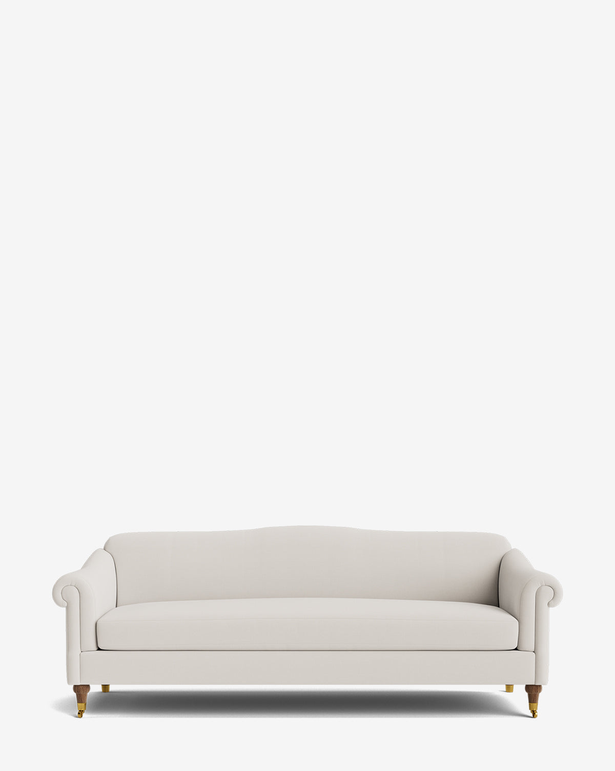 The Hildegard Sofa 90 is a white upholstered, handcrafted sofa with rolled arms and wooden legs, shown from the front against a plain white background by McGee & Co.