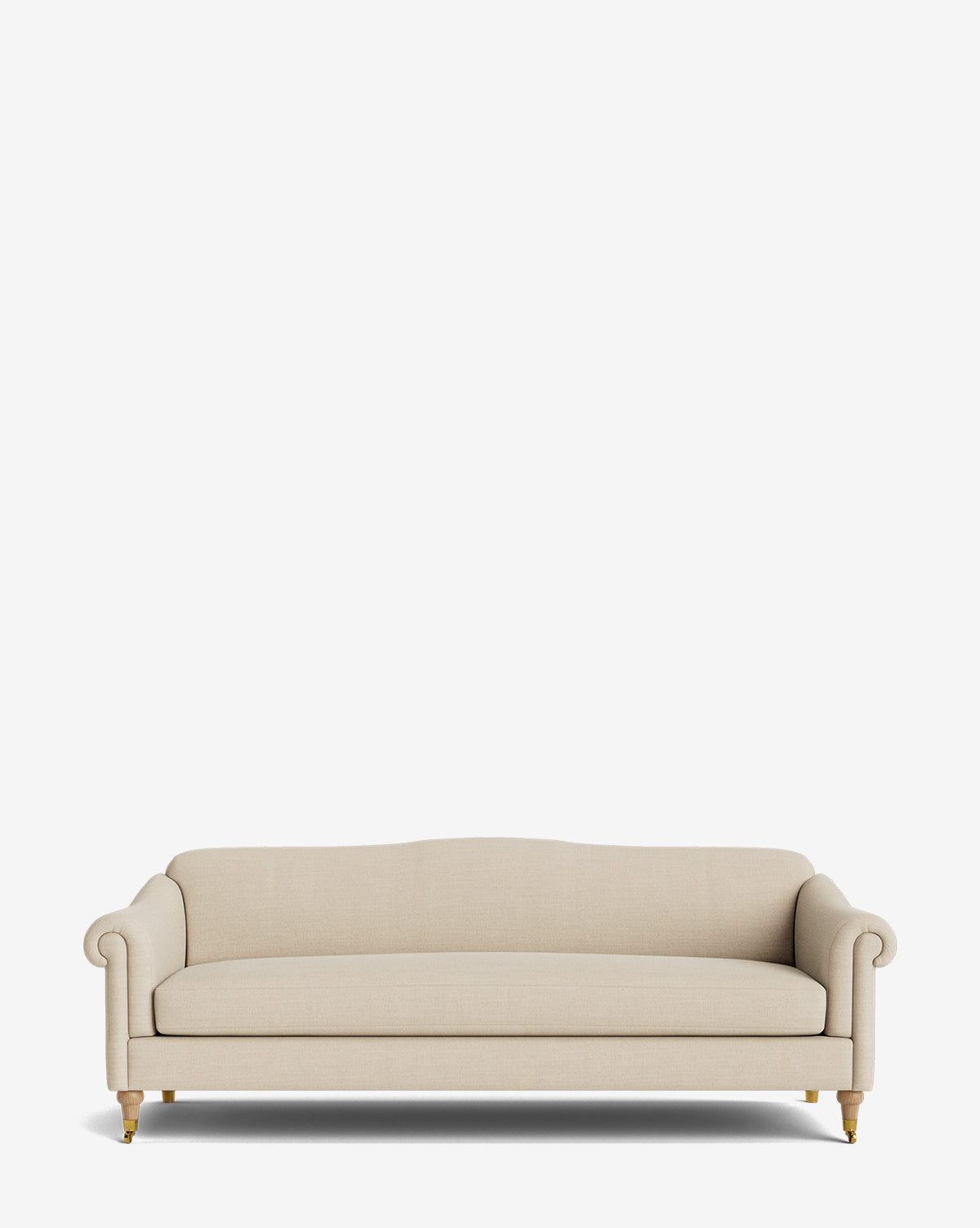 The Hildegard Sofa 90 is a beige upholstered piece with rolled arms and wooden legs, set against a plain white background. This classic handcrafted sofa features a cushioned seat without visible patterns or decorations, by McGee & Co.