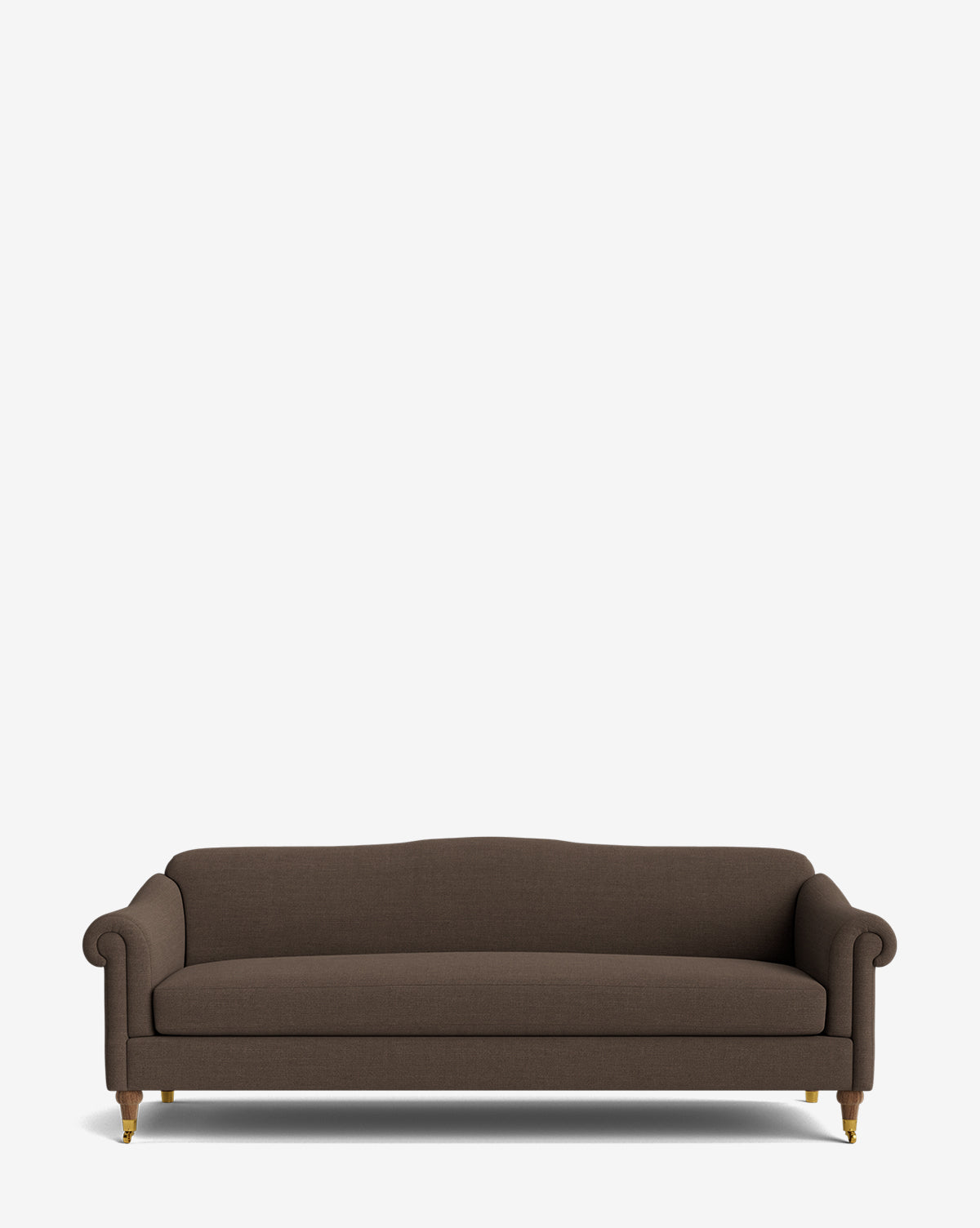 The Hildegard Sofa 90 is a brown upholstered, handcrafted sofa with rolled arms and wooden legs, shown against a plain white background, by McGee & Co.