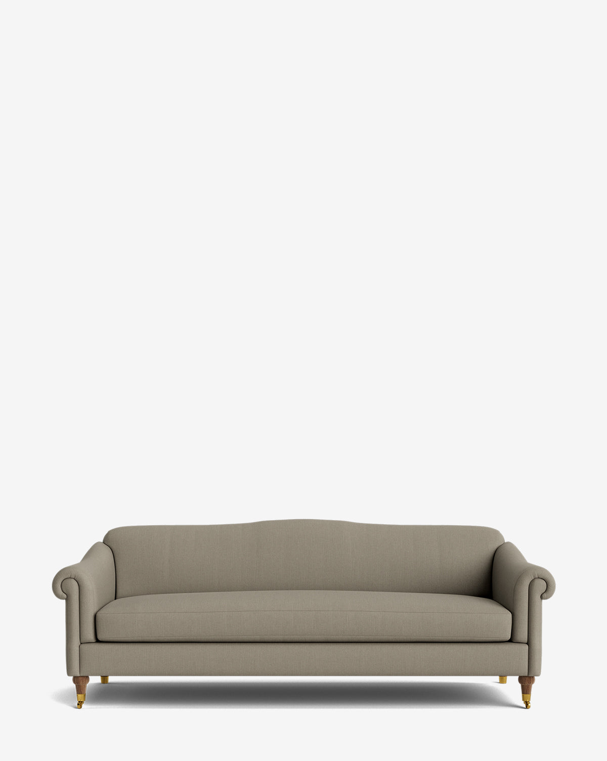 The Hildegard Sofa 90 is a light gray upholstered, handcrafted piece featuring rolled arms, wooden legs, and a curved backrest, displayed against a plain white background by McGee & Co.
