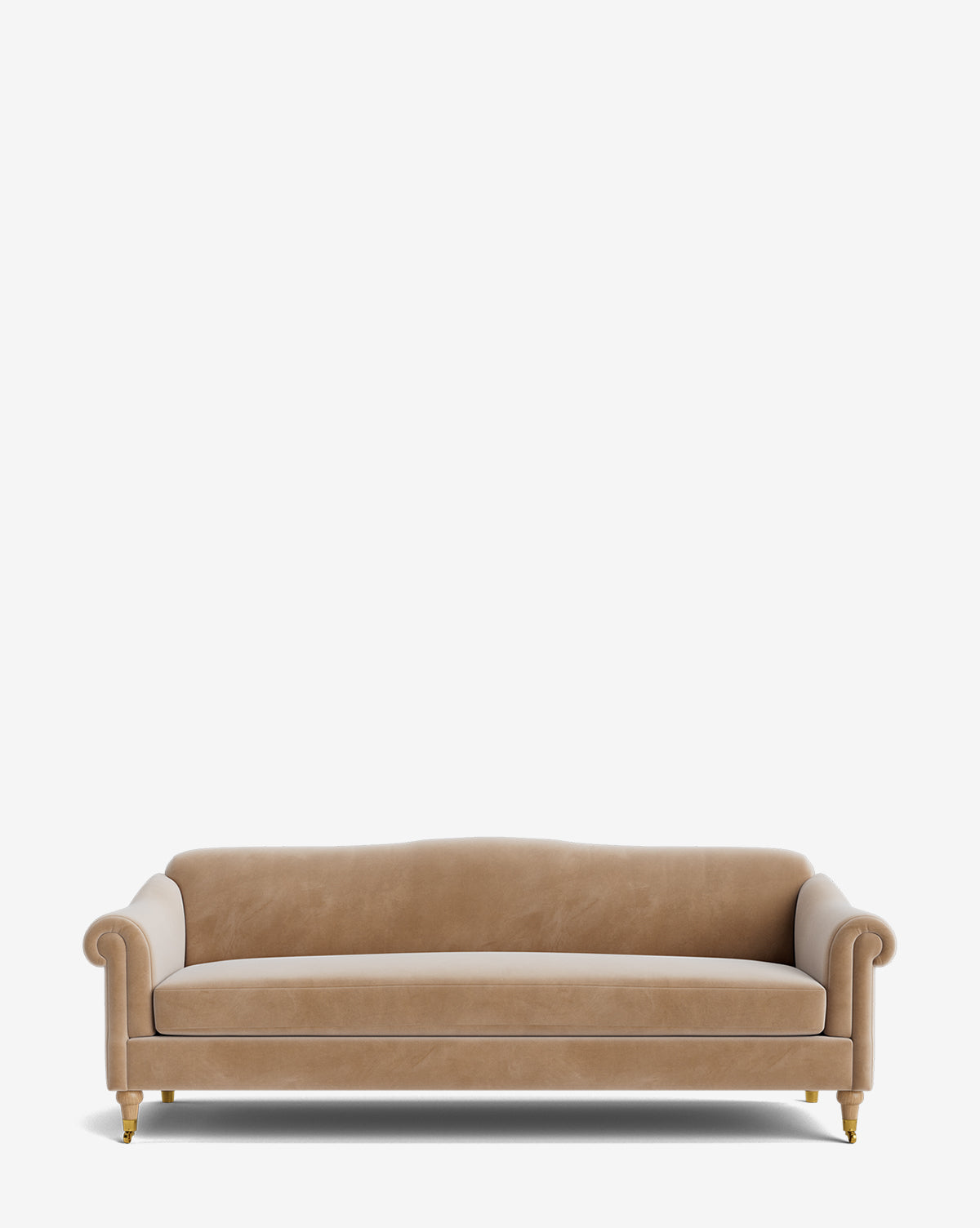 The Hildegard Sofa 90 features tan upholstery, rolled arms, a curved backrest, and gold-tipped wooden legs—an elegant handcrafted piece set against a plain white background, by McGee & Co.
