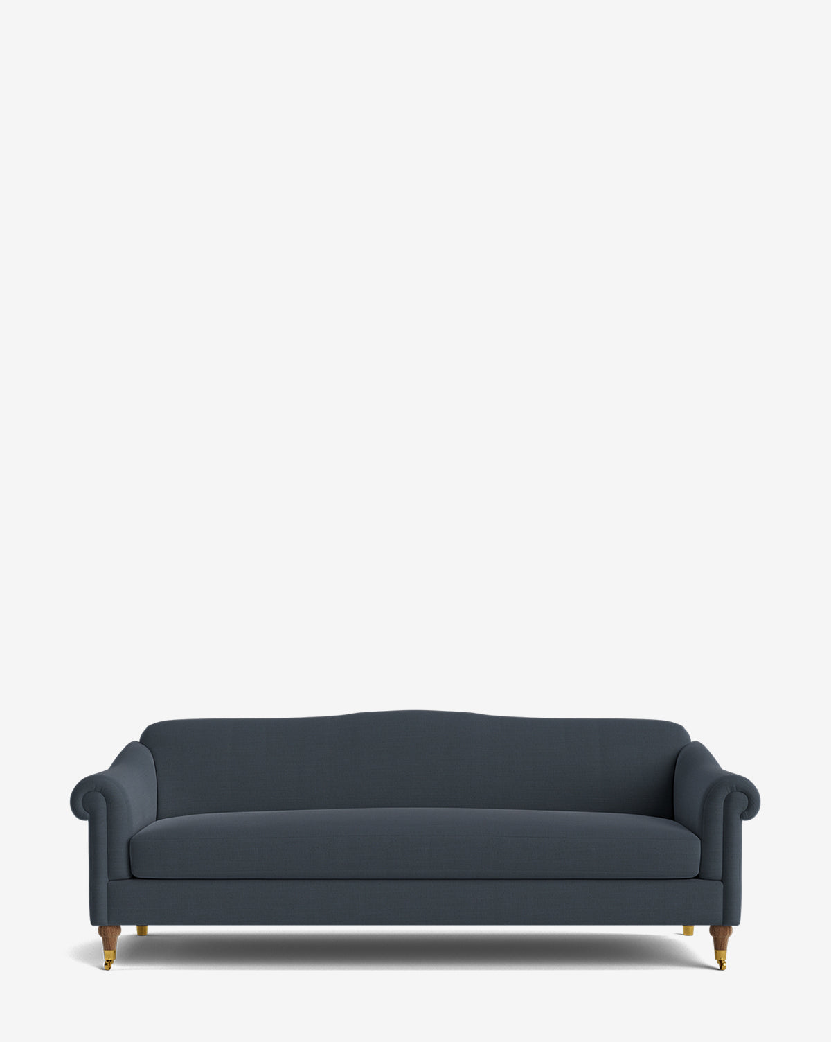 A dark blue upholstered Hildegard Sofa 90 with rolled arms and wooden legs, set against a plain white background, by McGee & Co.