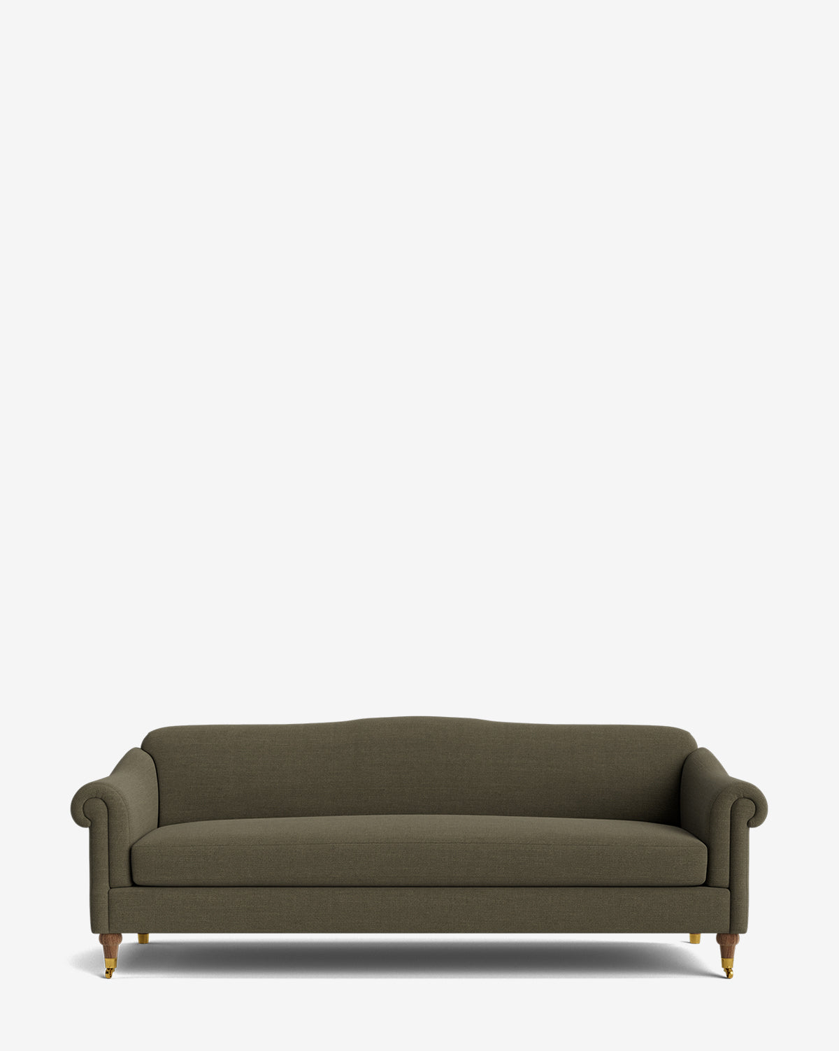 The Hildegard Sofa 90, a dark olive green three-seater with rolled arms, wooden legs, and a minimalist classic design, is centered against a plain white background. This handcrafted piece brings timeless elegance to any space, by McGee & Co.