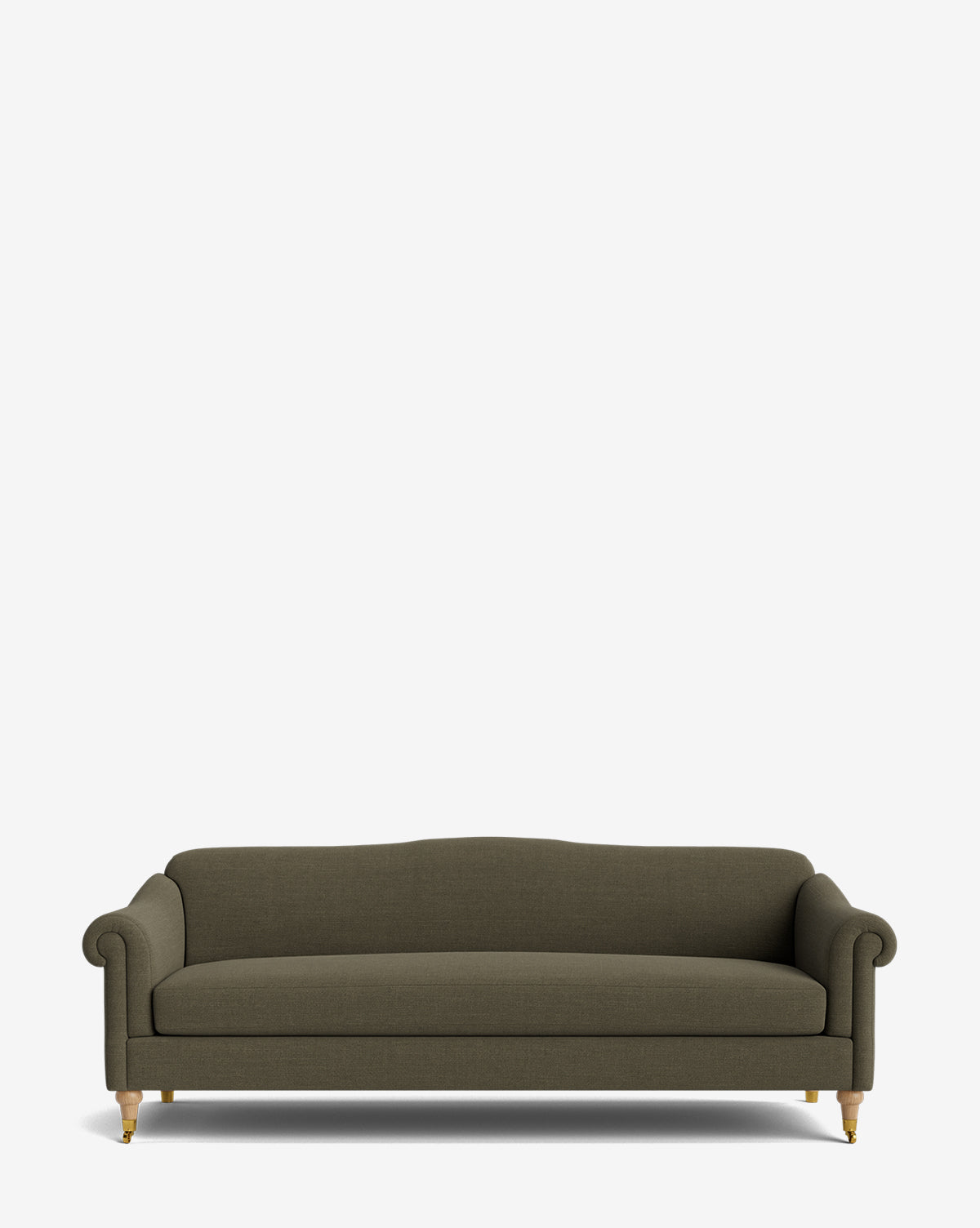 The Hildegard Sofa 90 is a handcrafted, olive green three-seater with rolled arms and wooden legs featuring brass casters, shown on a plain white background by McGee & Co.