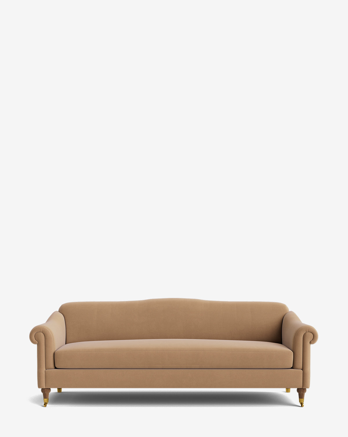 The Hildegard Sofa 90 is a tan upholstered, handcrafted sofa featuring rolled arms, a straight back, and brass-capped wooden legs, displayed against a plain white background by McGee & Co.