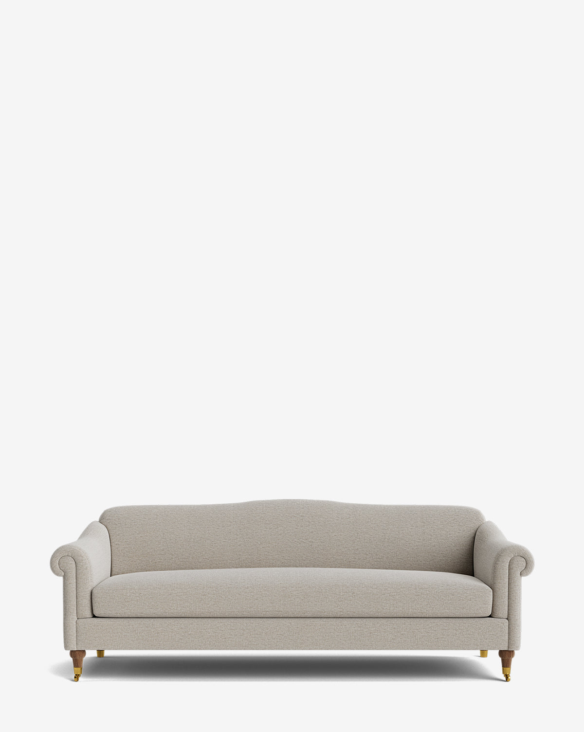 The Hildegard Sofa 90 is a light gray upholstered, handcrafted sofa featuring rolled arms, a curved backrest, and wooden legs with gold-colored caps, shown against a plain white background by McGee & Co.