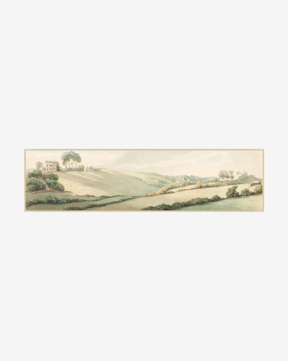 Hillside Cottage is a panoramic watercolor landscape wall art showcasing rolling green hills, trees, and a large cottage under a pale sky—ideal for display in a classic wood frame, by McGee & Co.