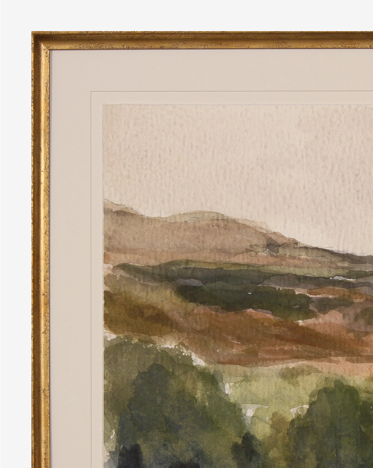 “Hillside Trail” is a framed giclee print watercolor painting, depicting rolling hills in earthy tones and soft greens, partially visible within a gold-finished wood frame.