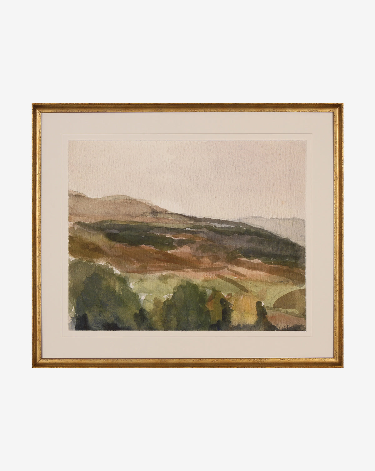 “Hillside Trail” framed watercolor features green and brown rolling hills under a light sky, displayed with a white mat and gold-finished wood frame.