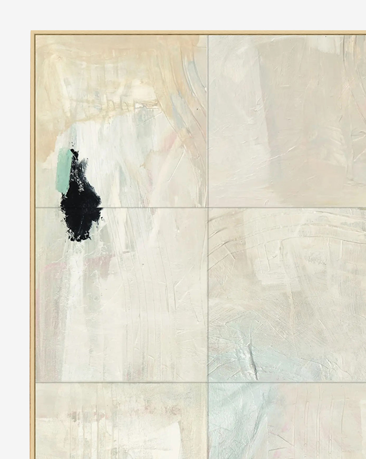 Hole in the Wall is abstract wall art featuring beige, cream, and off-white tones with a striking black irregular smudge near the top left. This gallery-wrapped canvas is divided into six rectangular panels by McGee & Co.