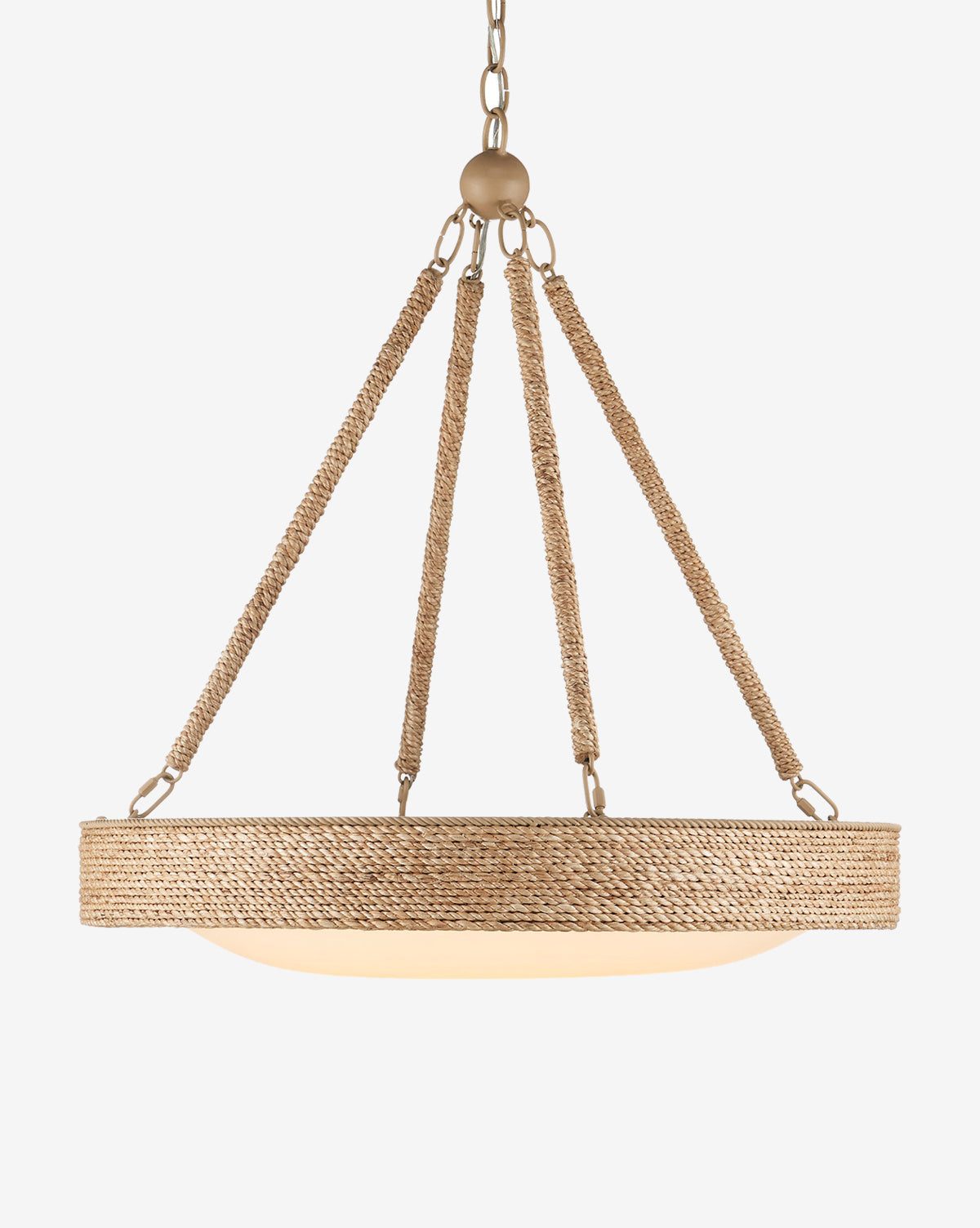 The Hopscotch Chandelier by Currey & Co. features a round abaca rope design with a woven rattan frame, suspended by four braided ropes attached to a chain and metal fixture, shown against a plain white background. McGee & Co.