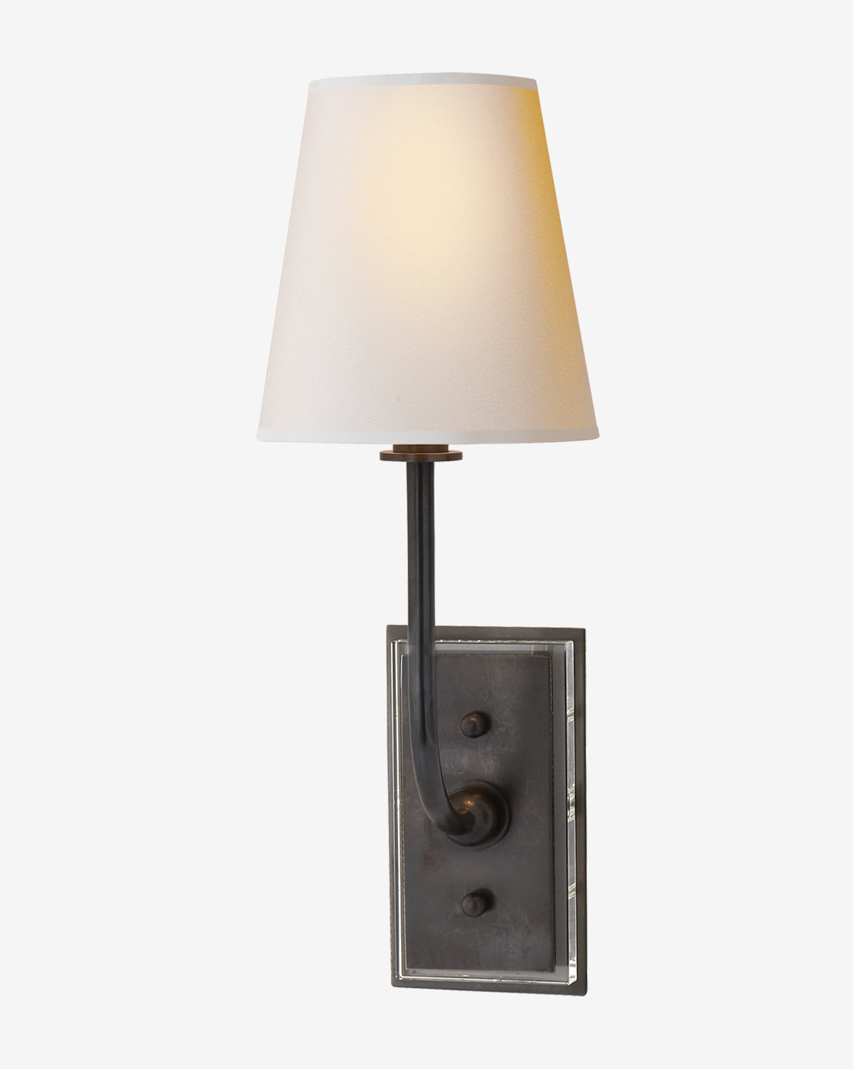 The Hulton Sconce by Visual Comfort & Co. Signature showcases a rectangular backplate, curved brass arm, and white linen shade for a beautifully warm glow. McGee & Co.