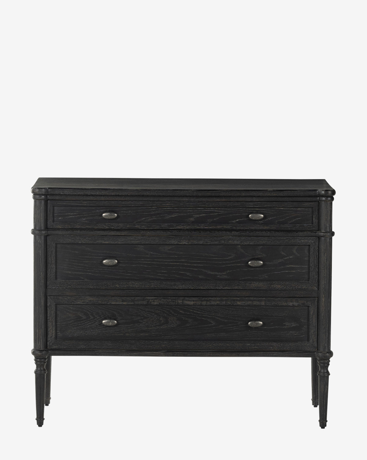 The Humphrey Chest, featuring dark wood, three drawers with metallic handles, and four tapered legs, is an elegant addition to modern bedrooms and looks striking against a plain white background, by McGee & Co.