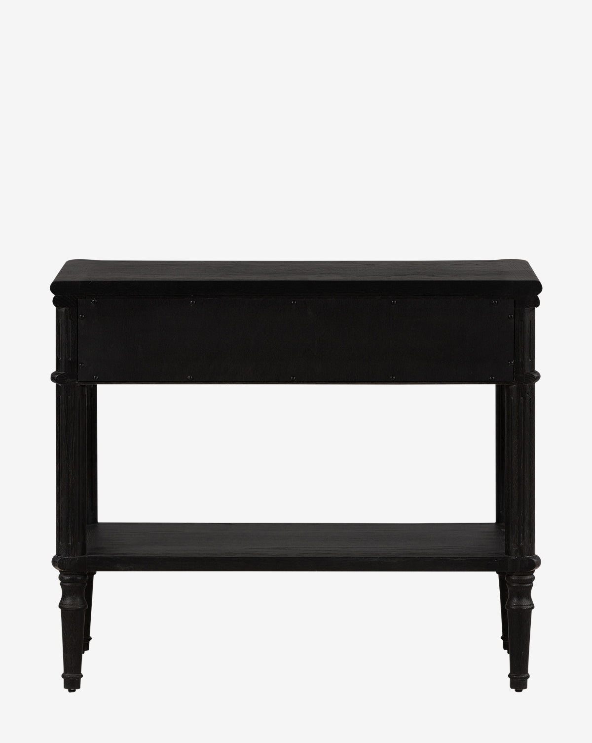 The Humphrey Nightstand, a black wooden piece with tapered legs, a lower shelf, and a rectangular top, brings traditional bedroom charm and is displayed against a plain white background by McGee & Co.
