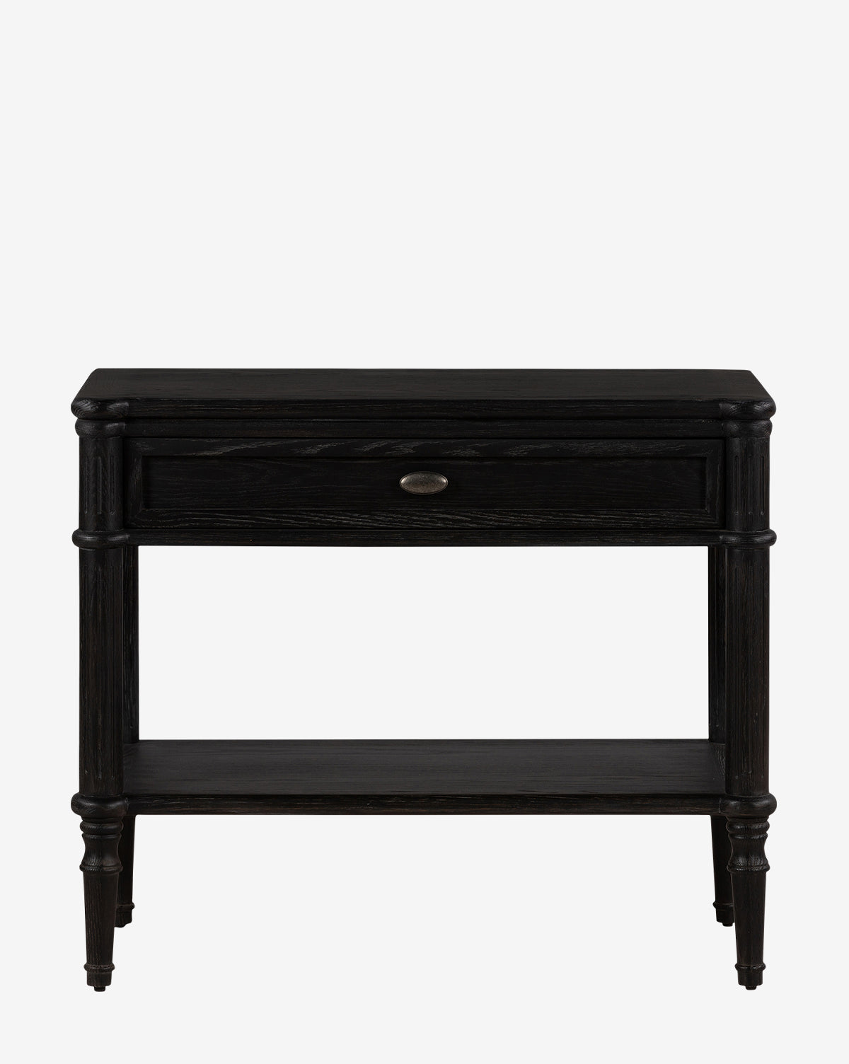 The Humphrey Nightstand is a black wooden table with turned legs, a center drawer with a round metal handle, and a lower shelf—an elegant piece inspired by traditional bedroom furniture, shown against a plain white background by McGee & Co.