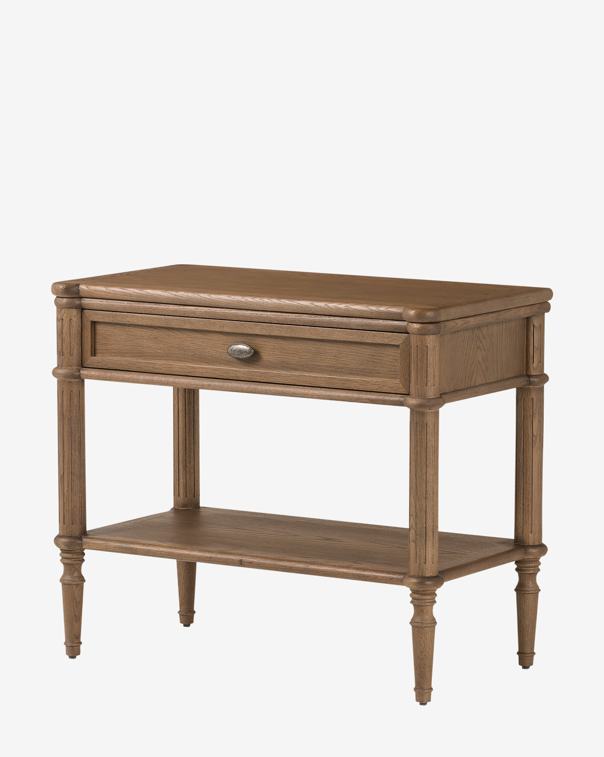 The Humphrey Nightstand features a single drawer with a round metal handle, open lower shelf, four turned legs, and a natural wood finish—ideal for adding traditional style to your bedroom, by McGee & Co.