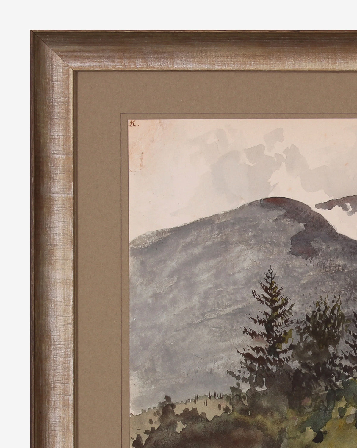 Framed giclee print of Humphreys Ledge Painting, featuring a misty mountain landscape with trees in the foreground and delicate watercolor details beneath a cloudy sky.