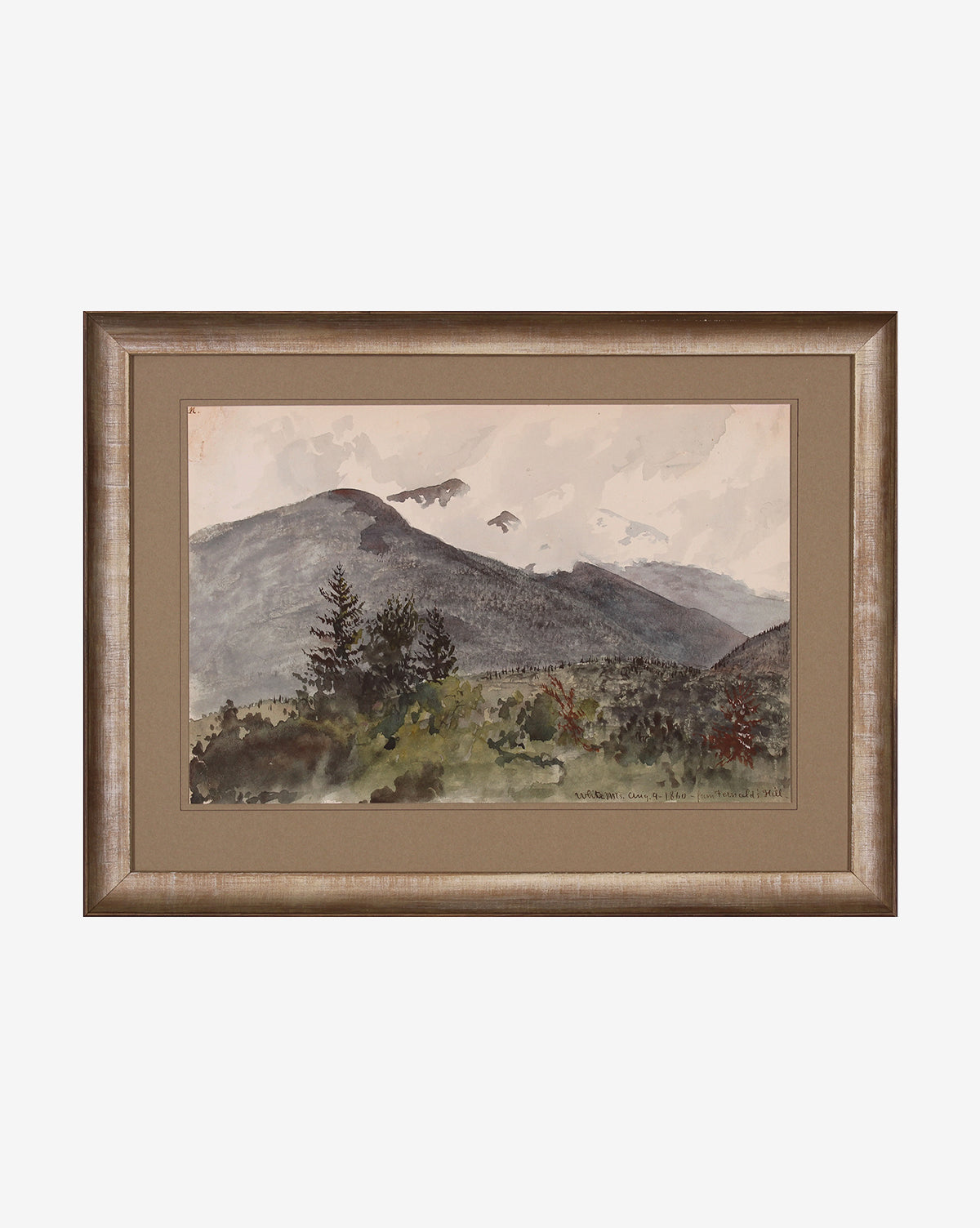 Humphreys Ledge Painting: Framed giclee print showcasing fine watercolor detail, with green trees in the foreground and hazy mountains under a cloudy sky in the background.