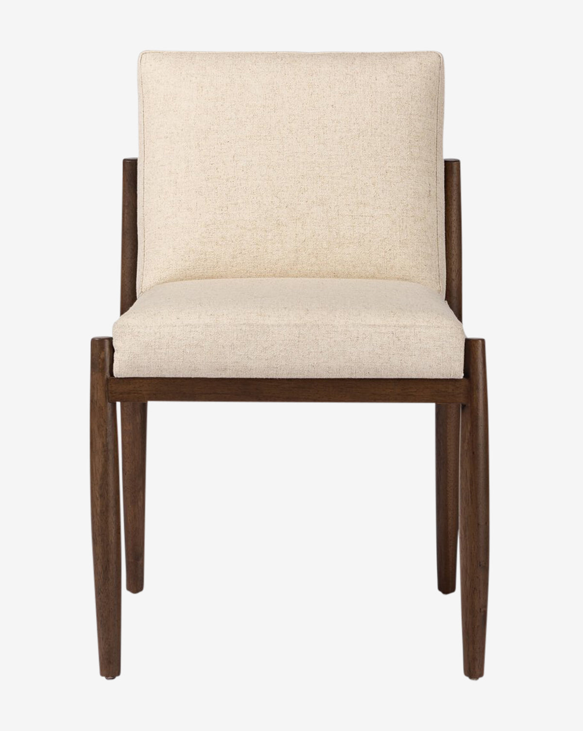 The Hurley Dining Chair features a cushioned seat with beige performance upholstery, a dark wooden frame, and straight legs, shown from the front against a plain white background by McGee & Co.