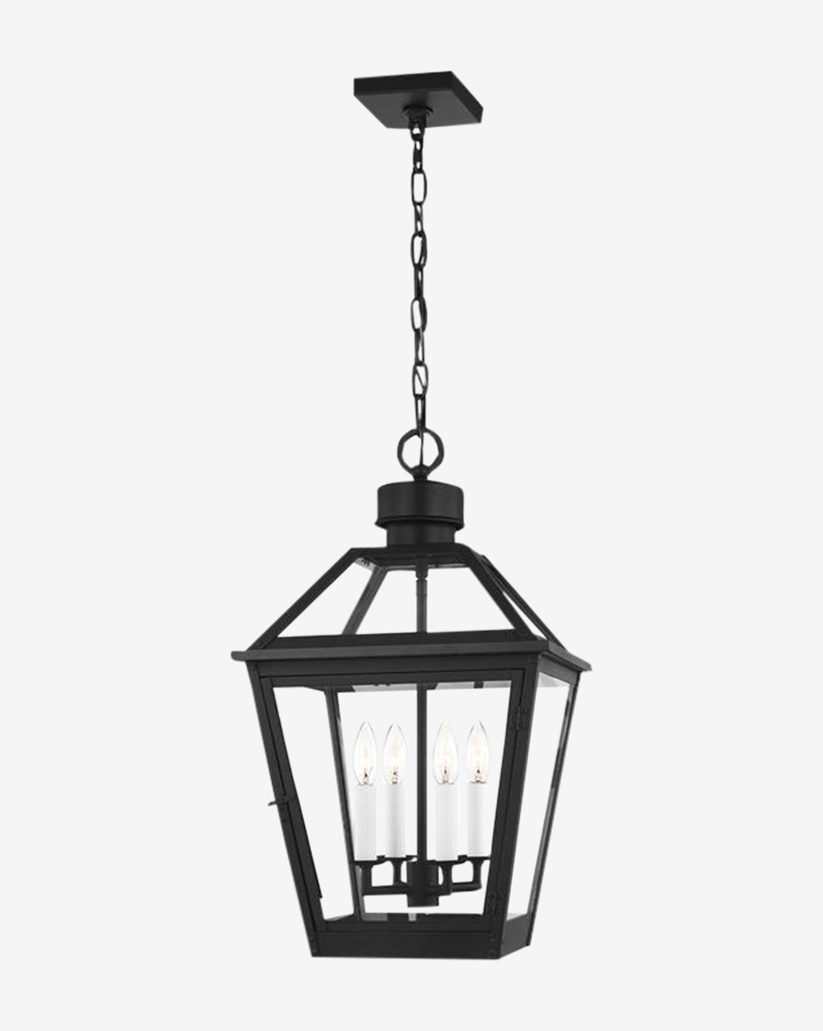 The Hyannis Outdoor Pendant features a black metal rectangular frame, rust-proof clear glass panels, four candle-style bulbs, and hangs from a chain with a square ceiling mount, by McGee & Co.